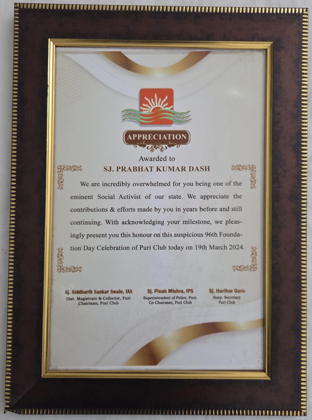 Award presented to Dr. P. K. Dash